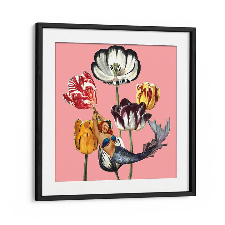 Colorful flowers frame the enchanting mermaid in this MERMAID ON EARTH, PORTRAITS artwork, perfect for any collection.