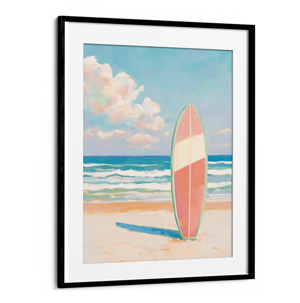 Colorful SEA BEACH SURFBOARD stands against a serene beach backdrop, perfect for BEACH PAINTINGS enthusiasts.