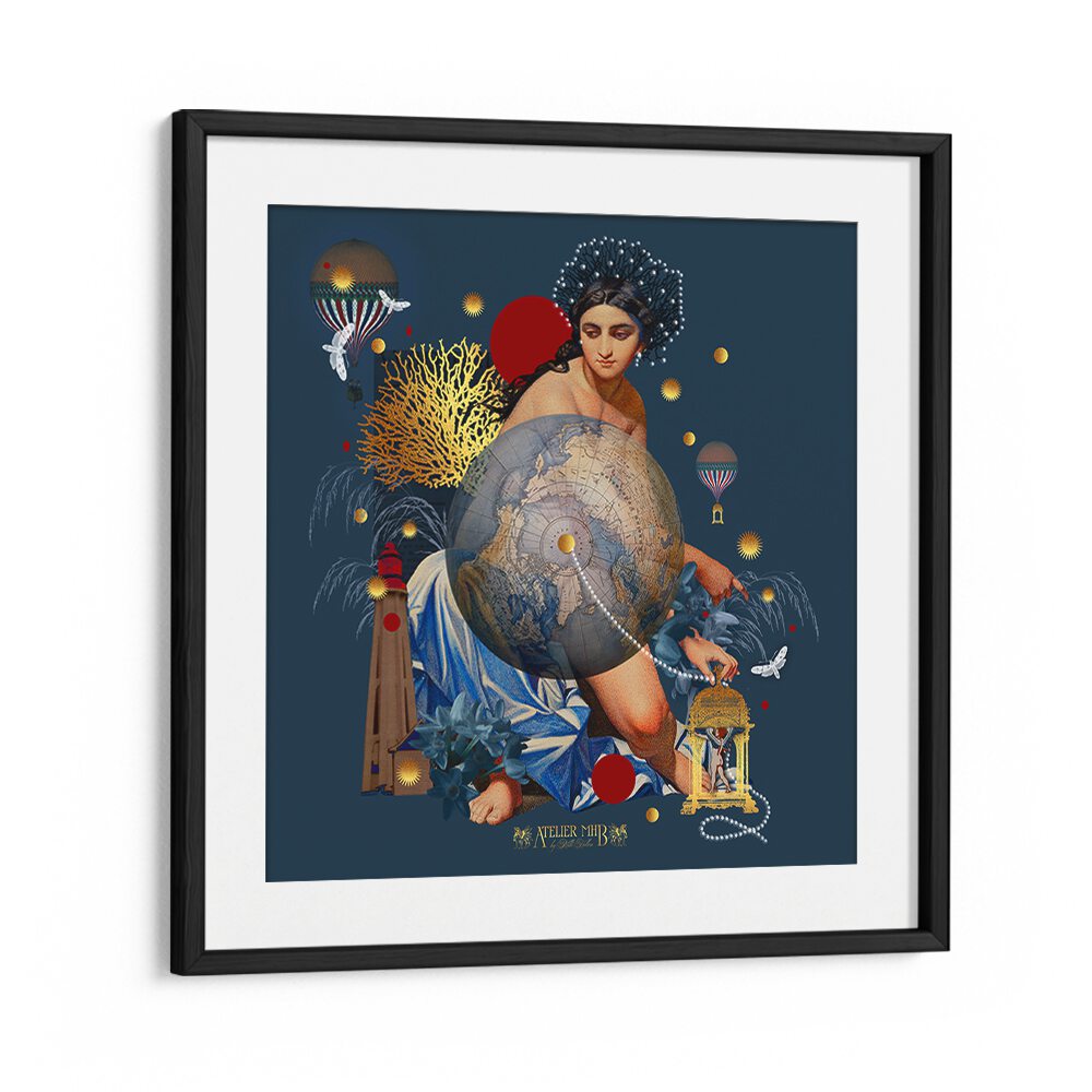Surreal art print featuring a woman with a globe, symbolizing harmony and unity in SUPPORT FOR PEACE, SURREAL ART PRINTS.