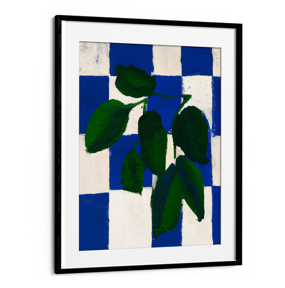 Checkered Greenery Kitchen Posters featuring bold green leaves on blue and white checkered background by Blackmount.