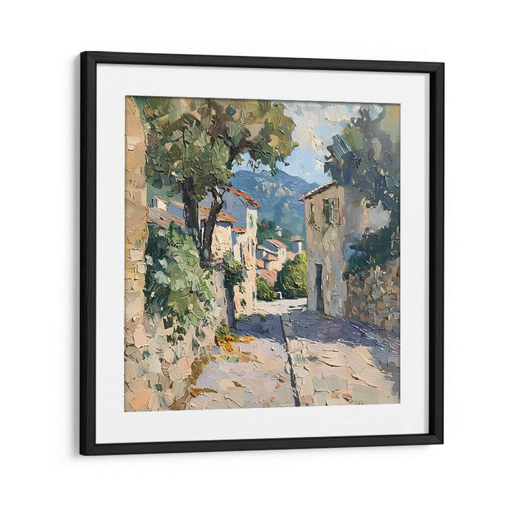 Vibrant STREET IN MALLORCA IV artwork captures Mediterranean charm in a stunning framed piece, perfect for any space.