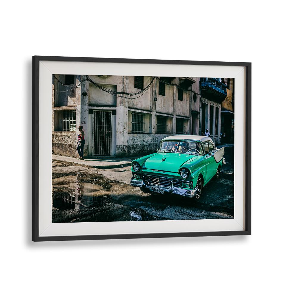 Vivid street scene featuring a classic green car, showcasing HABANA STREET IV, PHOTOGRAPHY PRINTS collection.