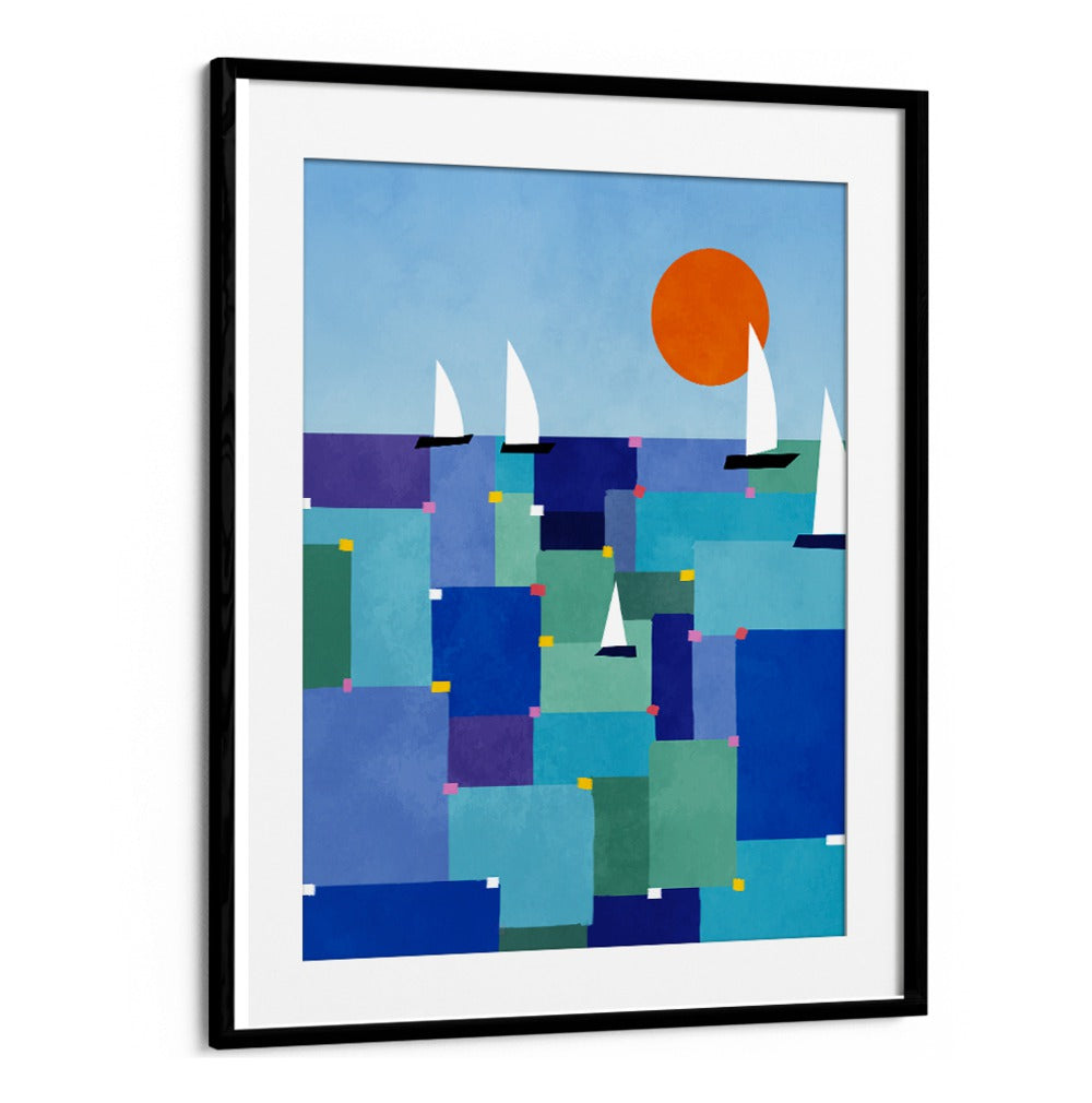 Vibrant RADIANT OCEAN VOYAGE, BEACH PAINTINGS featuring colorful sailboats and a bold sun, perfect for ocean lovers.