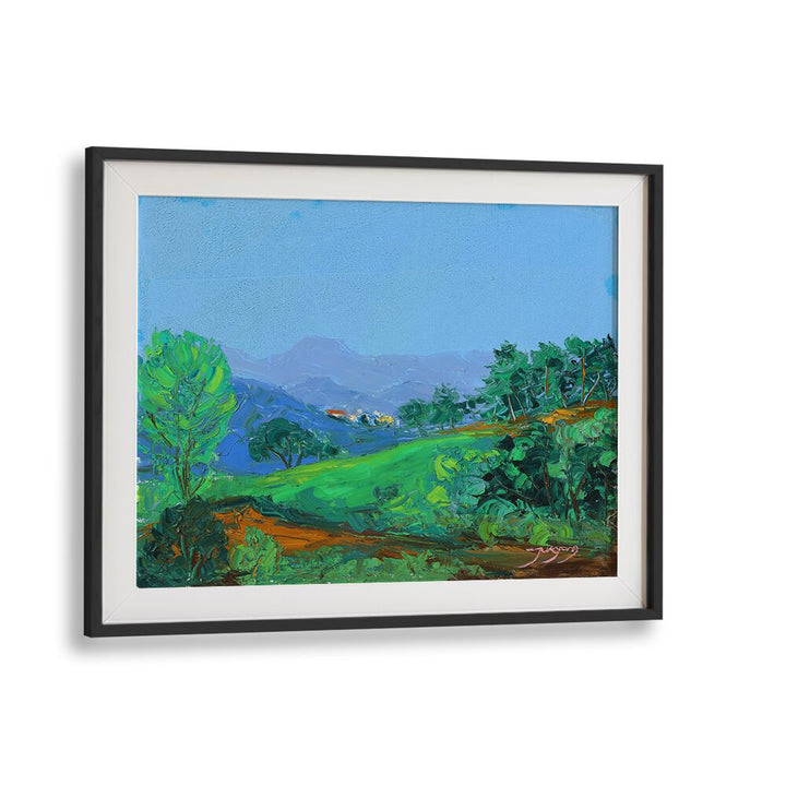 Vibrant GREEN HILLSIDE, LANDSCAPE PAINTINGS showcasing lush greenery under a clear blue sky for a serene ambiance.