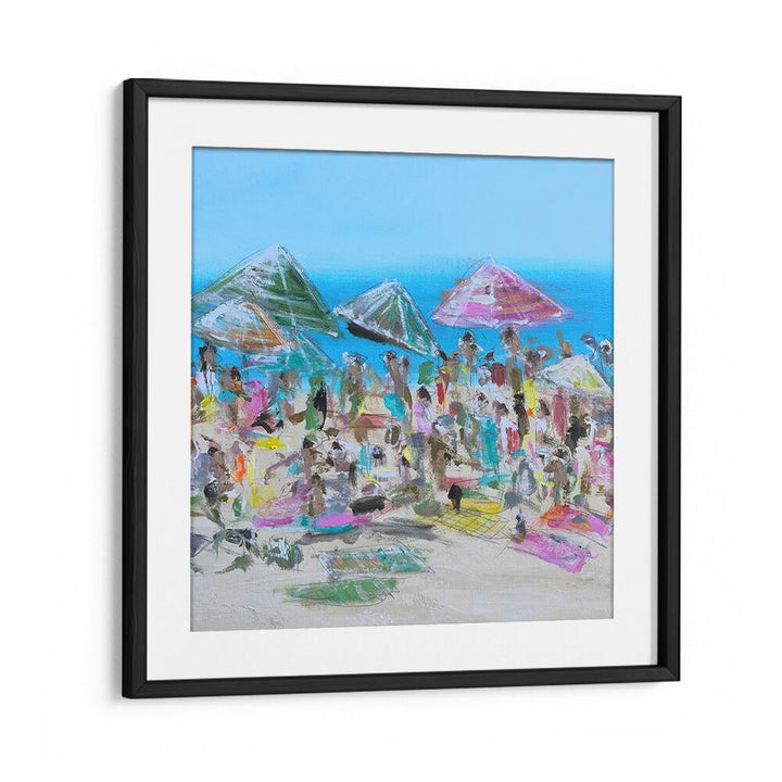 Colorful beach scene featuring umbrellas and sunbathers from the VIBRANT BEACH BLISS, BEACH PAINTINGS collection.