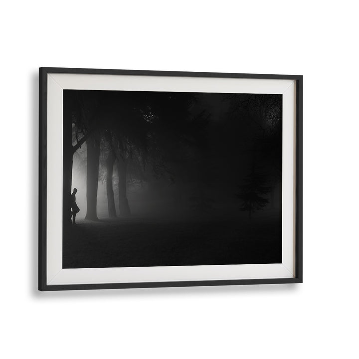 Captivating black and white artwork, "Waiting Till the End, Photography Prints," showcasing serene forest landscapes.
