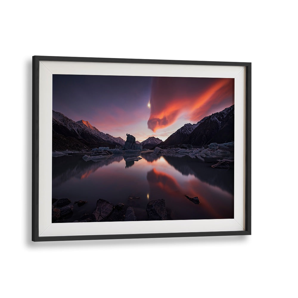 Breathtaking sunset over mountains reflected in water, featured in KISS OF DRAGON, PHOTOGRAPHY PRINTS collection.