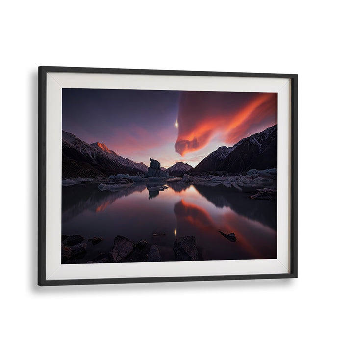 Breathtaking sunset over mountains reflected in water, featured in KISS OF DRAGON, PHOTOGRAPHY PRINTS collection.