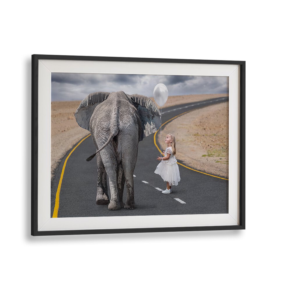Whimsical "HELLO MR ELEPHANT, PHOTOGRAPHY PRINTS" art features a child with an elephant on a winding road.