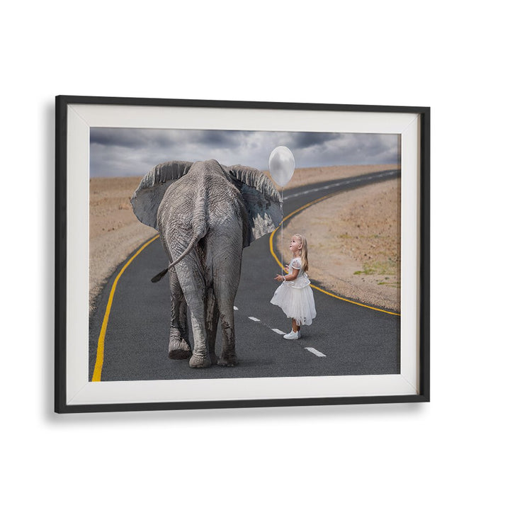 Whimsical "HELLO MR ELEPHANT, PHOTOGRAPHY PRINTS" art features a child with an elephant on a winding road.