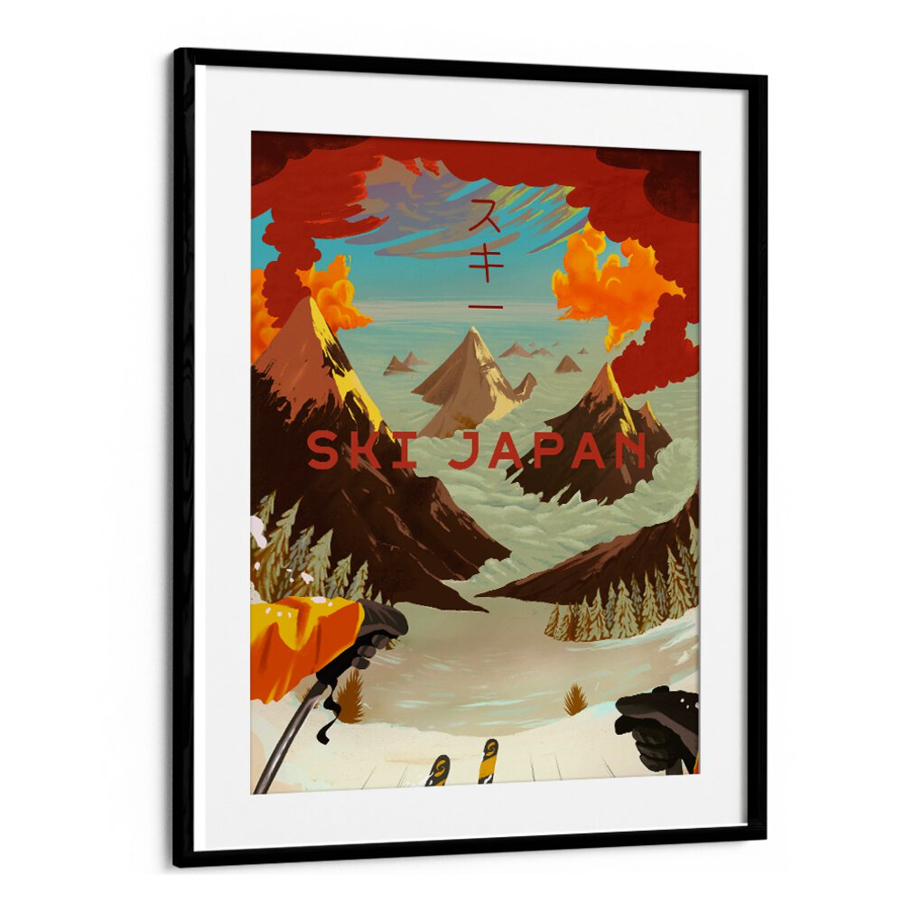 Vibrant SKI JAPAN, JAPANESE PAINTINGS artwork showcasing stunning mountain landscapes and winter sports excitement.