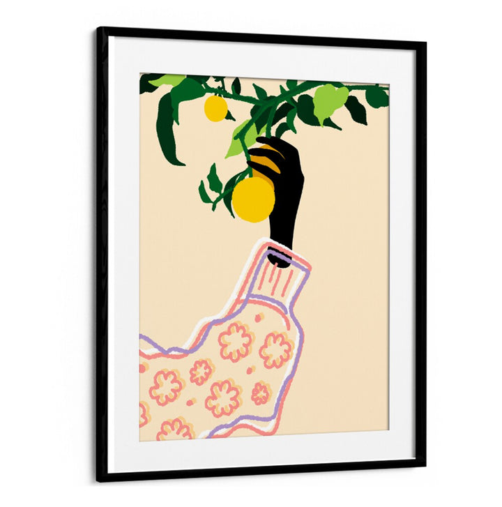 Bright and vibrant CITRUS TOUCH, KITCHEN POSTERS showcasing a hand reaching for fresh lemons, perfect for kitchen decor.