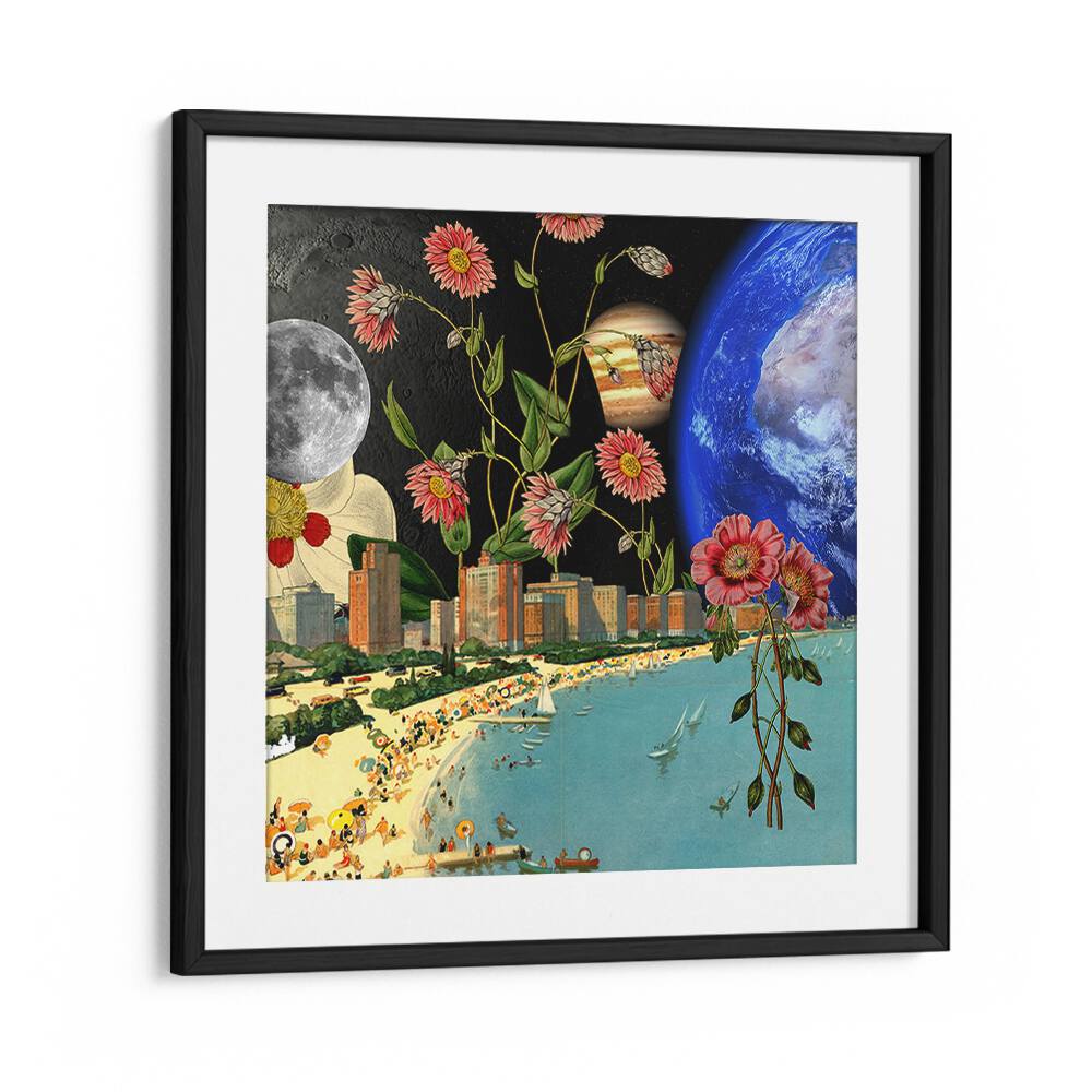 Surreal art print showcasing a vibrant beach scene, perfect for relaxation—BEACH WITH A VIEW, SURREAL ART PRINTS.