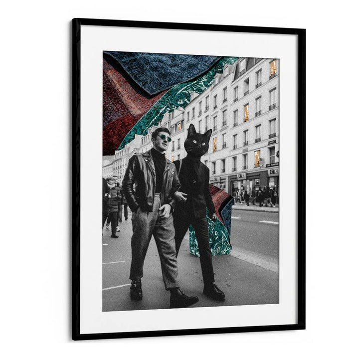 Surreal scene featuring a cat-headed figure walking in an urban landscape, ideal for CAT IN CITY, SURREAL ART PRINTS.