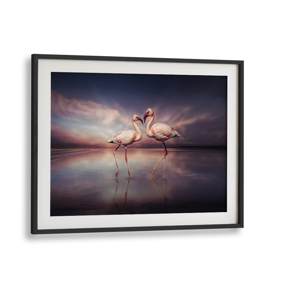 Framed FLAMINGO LOVE, PHOTOGRAPHY PRINTS showcase two pink flamingos in a surreal, dreamy setting. Perfect for decor.