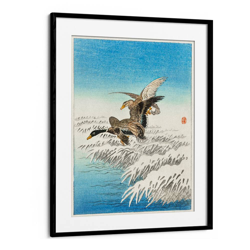 PAIR OF DUCKS FLYING OVER SNOWY REED COLLAR (1900 - 1945) , JAPANESE PAINTINGS , JAPANESE ART PRINTS