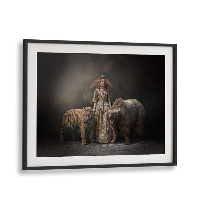 Surreal PRINCESS BEASTS, PHOTOGRAPHY PRINTS featuring a regal figure with a tiger and bear, perfect for imaginative spaces.