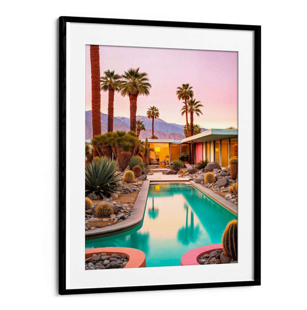 Transform your space with MID-CENTURY MAGIC, BEACH PAINTINGS featuring vibrant pools and palm trees by Philippe Hugonnard.