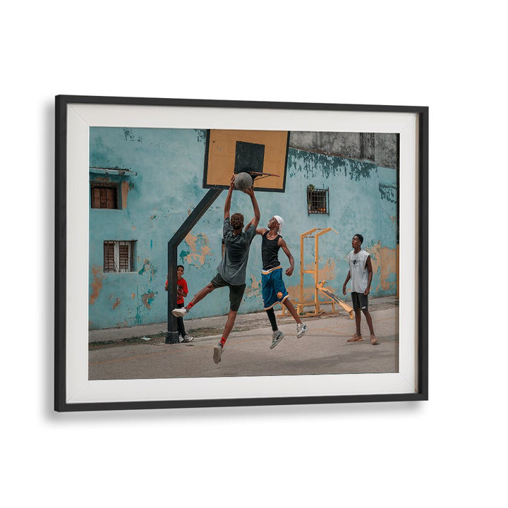 Dynamic streetball scene captured in vibrant photography prints, showcasing urban life at its best.