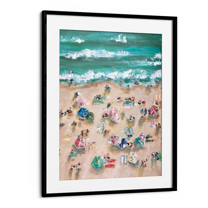 Vibrant SUNBATHERS, BEACH PAINTINGS showcasing colorful umbrellas on a sandy shore, perfect for summer decor.
