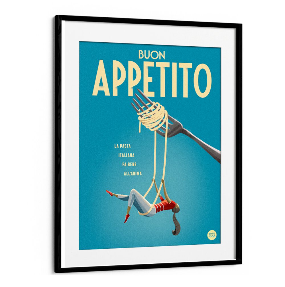 Colorful BUON APPETITO, BAR & CAFE ART print showcasing a playful fork and pasta design, perfect for dining decor.