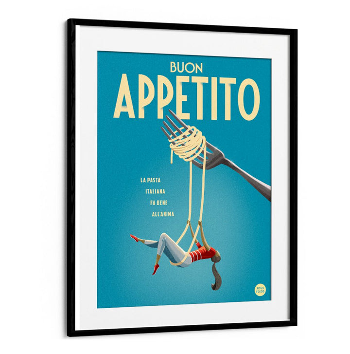 Colorful BUON APPETITO, BAR & CAFE ART print showcasing a playful fork and pasta design, perfect for dining decor.