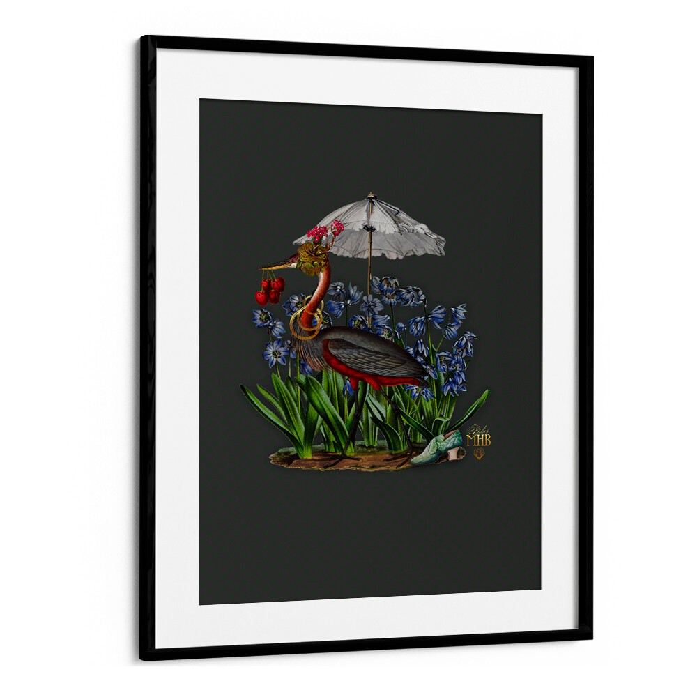 Whimsical heron under an umbrella among flowers in ENCHANTED FOREST II, ANIMAL PAINTINGS capturing nature’s beauty.