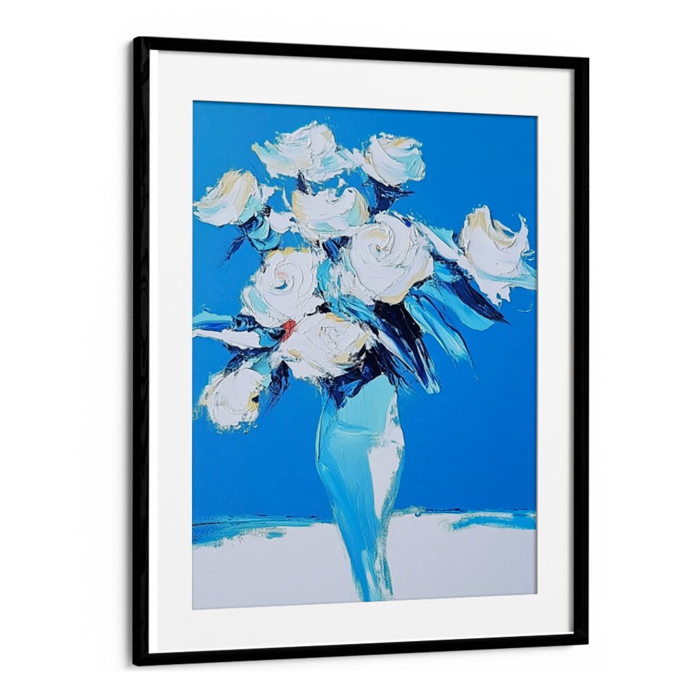 Elegant WHITE ROSES IN A BLUE VASE, perfect for enhancing home decor with charm and vibrancy from BLACKMOUNT.