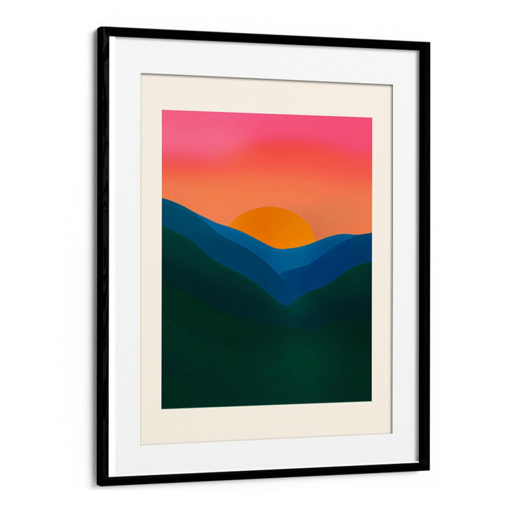ECHO , LANDSCAPE PAINTINGS featuring vibrant sunset over layered green and blue hills in a sleek black frame.
