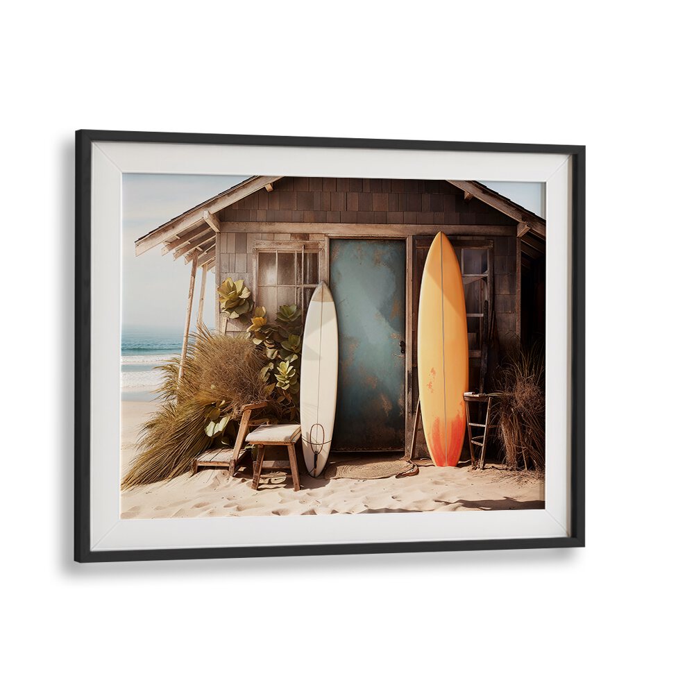 Capture the essence of nostalgia with VINTAGE VIBRANCE, BEACH PAINTINGS featuring surfboards by a charming beach shack.