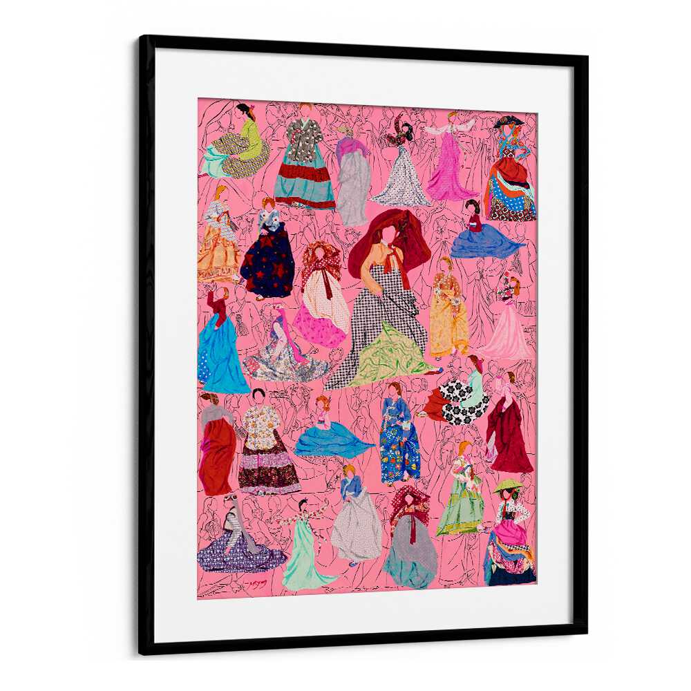 Colorful PICNIC, FASHION POSTERS featuring stylish dress illustrations on a vibrant pink background. Perfect for decor.