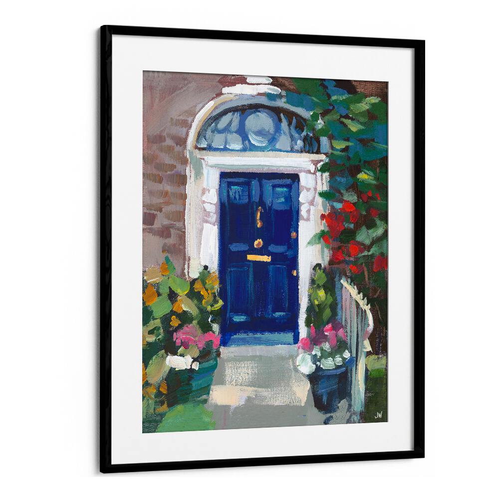 Bright blue door surrounded by vibrant floral arrangements in exquisite BLUE DOOR, FLORAL FLOWER PAINTINGS.