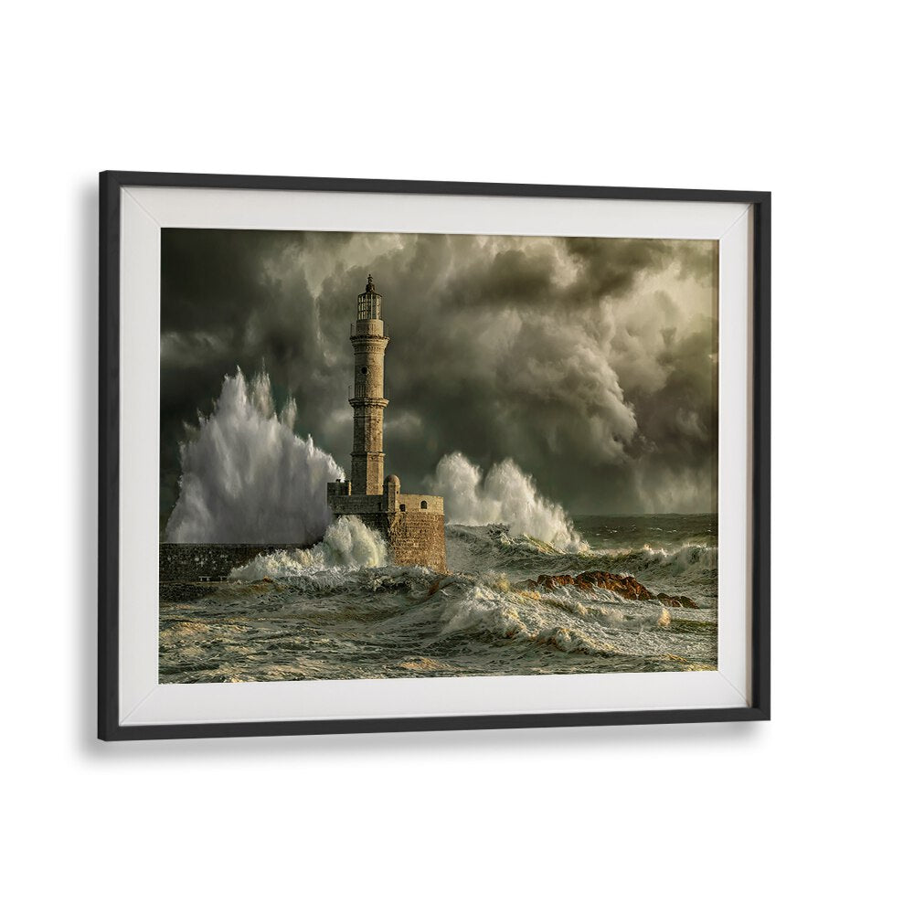 Dramatic waves crash against the lighthouse in CHANIA STORM, stunning photography prints for nature lovers.