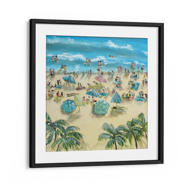 Bright and lively BEACHSIDE BLISS, BEACH PAINTINGS showcasing a vibrant beach scene with umbrellas and palm trees.