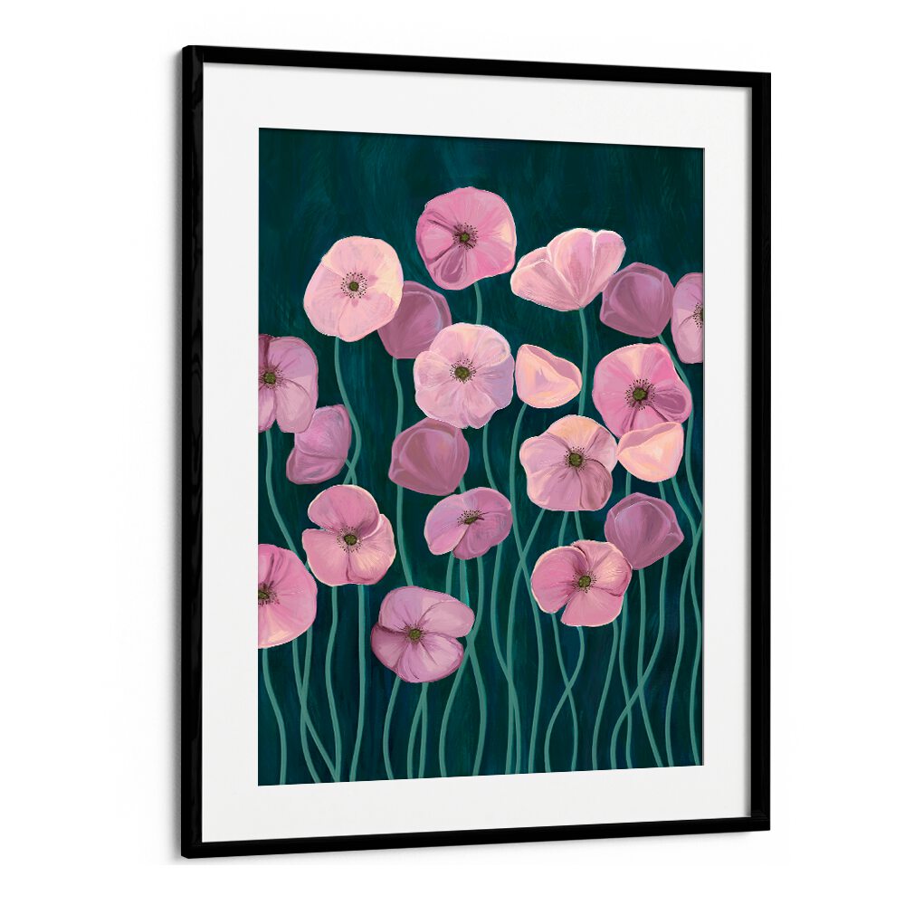 Vibrant PINK POPPIES II, FLORAL FLOWER PAINTINGS showcase delicate pink blooms against a rich green background.