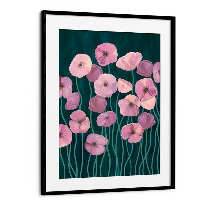 Vibrant PINK POPPIES II, FLORAL FLOWER PAINTINGS showcase delicate pink blooms against a rich green background.