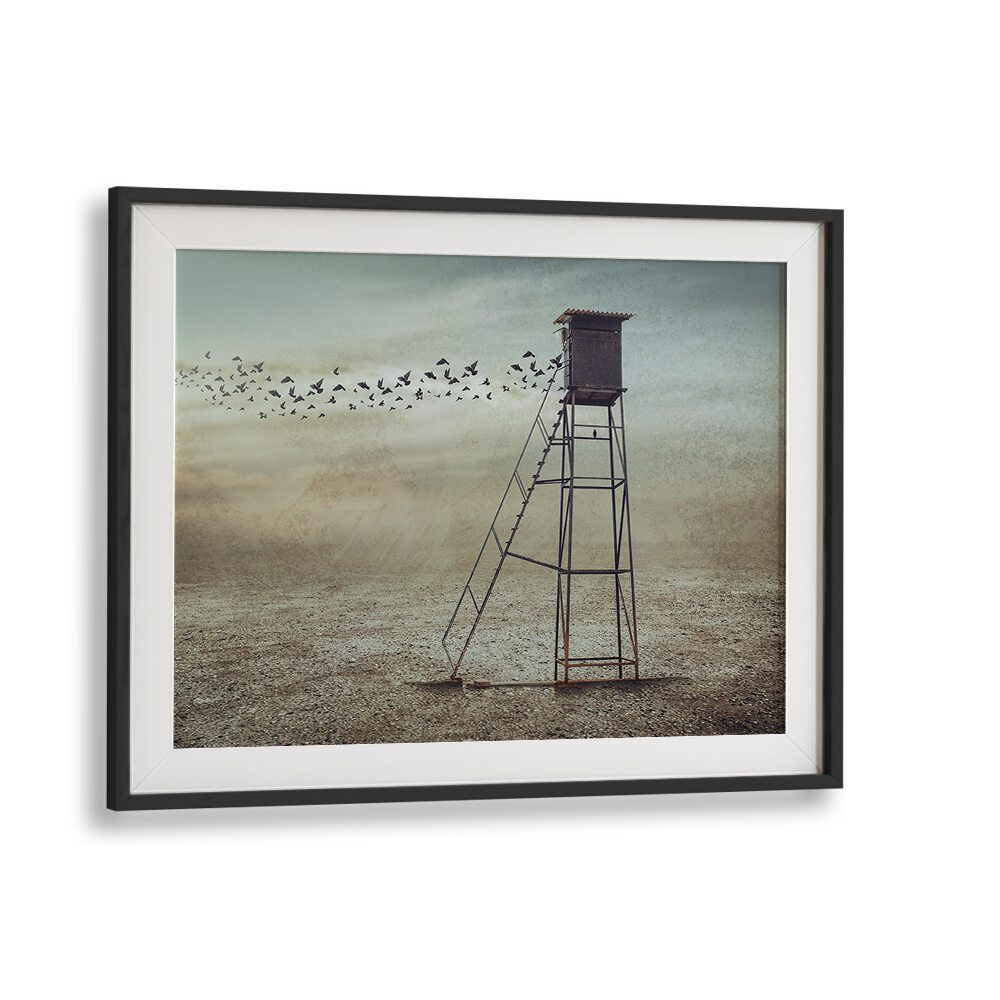 Surreal GO TO NATURE, PHOTOGRAPHY PRINTS featuring a watchtower and birds, showcasing the beauty of altered art.