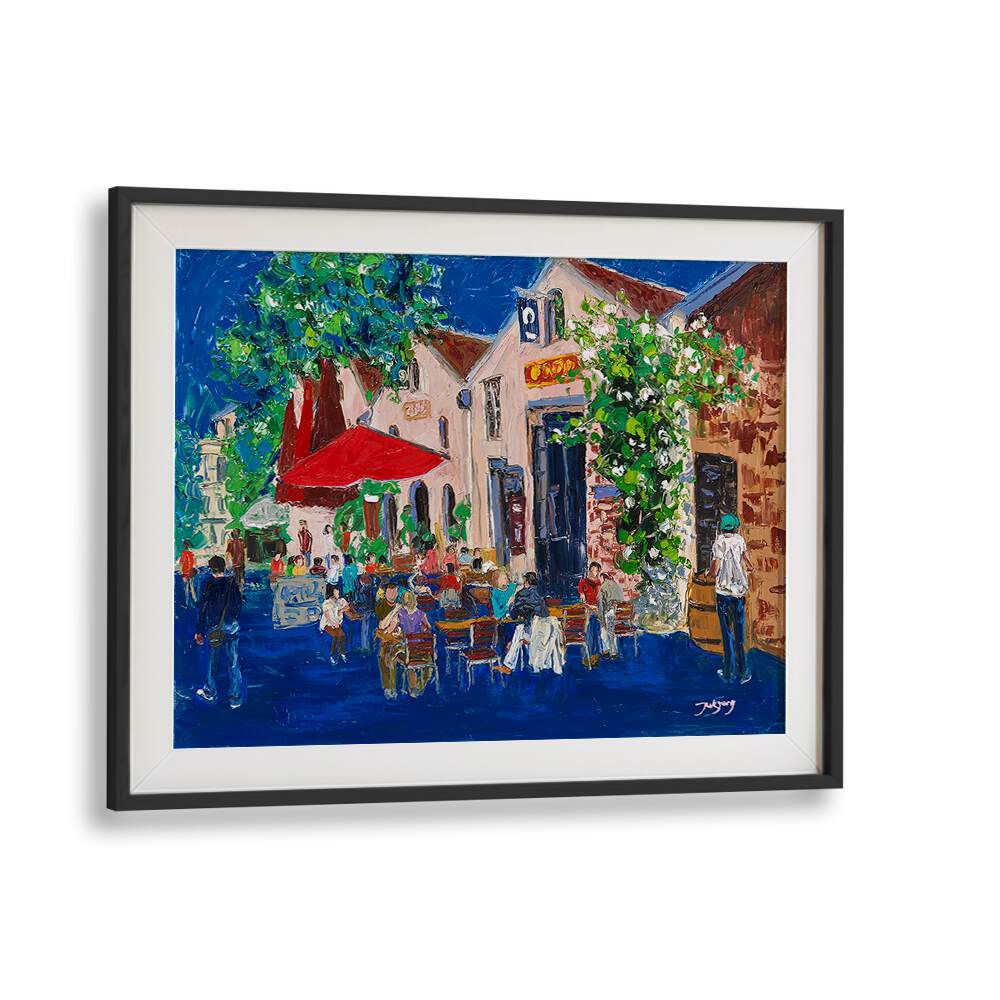 Colorful scene of a bustling café, perfect for your HOLIDAY, BAR & CAFE ART collection. Ideal for enhancing ambiance.