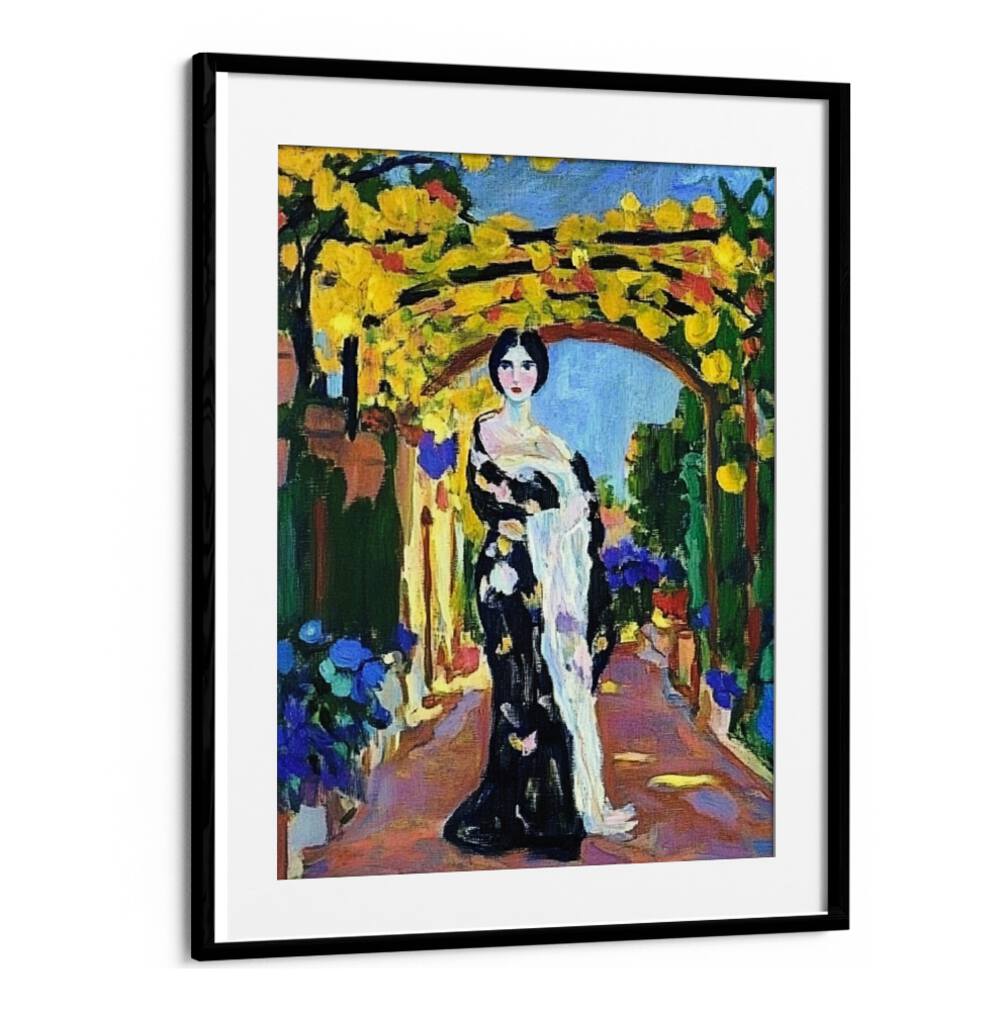 Stunning artwork titled WOMAN IN A GARDEN, featuring a graceful woman amidst vibrant flowers, perfect for home decor.