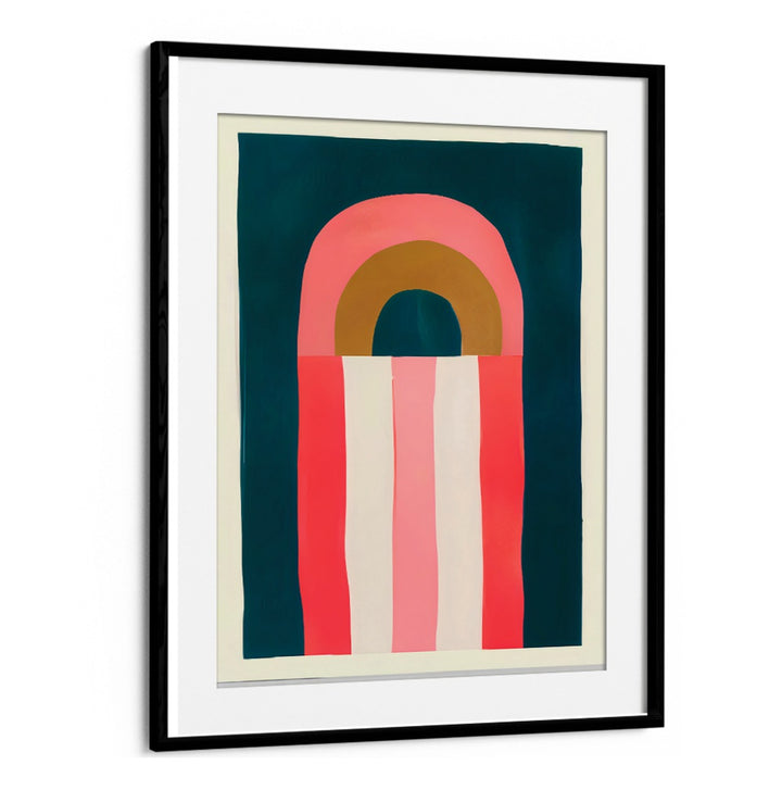 Golden Hour Geometric Art Prints with bold pink, brown, and teal shapes framed in black by Blackmount.