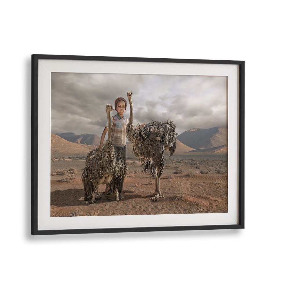 Surreal OSTRICH BOY , PHOTOGRAPHY PRINTS featuring a child with ostriches in a whimsical desert landscape.