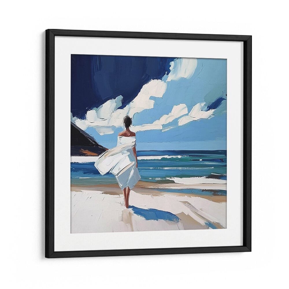 Stunning artwork featuring a woman walking on the beach, embodying tranquility and the coastal vibe.