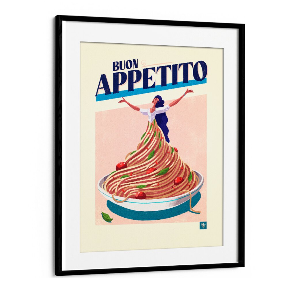 Colorful BUON APPETITO I, BAR art features a woman amidst a pasta dish, perfect for elevating your kitchen decor.