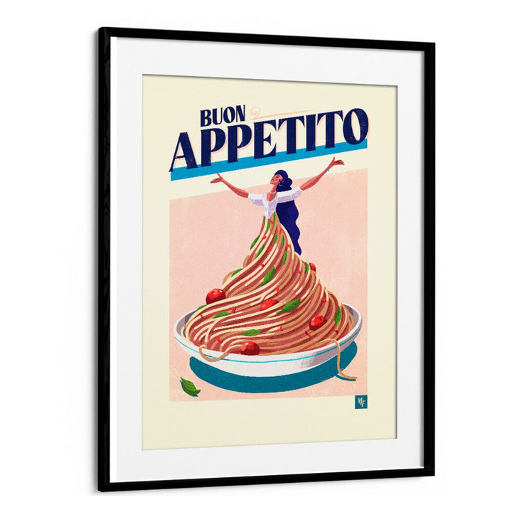 Colorful BUON APPETITO I, BAR art features a woman amidst a pasta dish, perfect for elevating your kitchen decor.