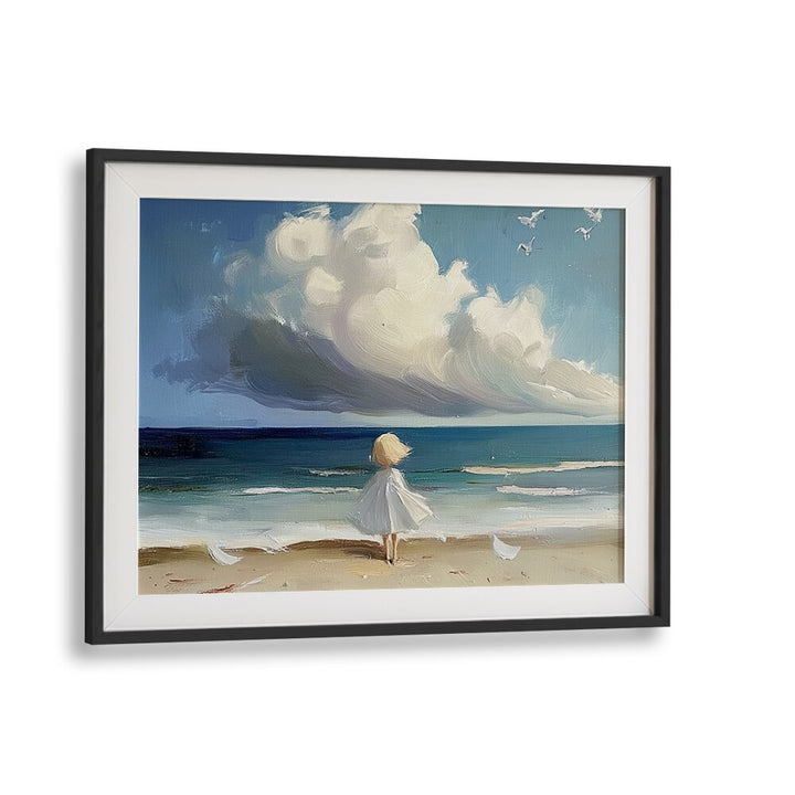 Charming LITTLE GIRL ON THE BEACH artwork, capturing childhood joy in a whimsical seaside scene perfect for decor.