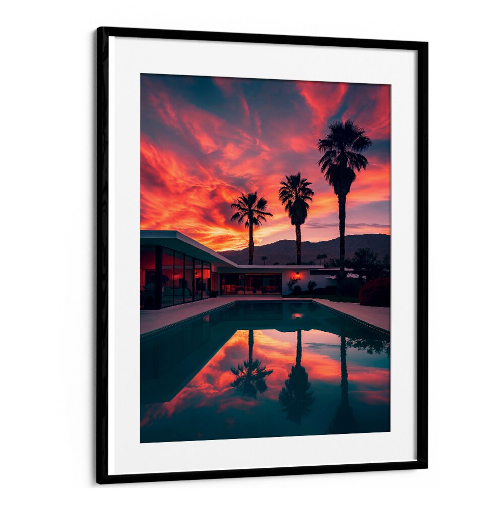 Vibrant sunset reflecting by the pool, showcasing FALLING OF THE NIGHT, BEACH PAINTINGS for artistic elegance.