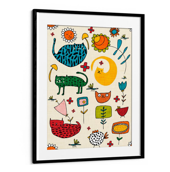 Colorful SPRING CAT BIEGE, KIDS ROOM PAINTINGS featuring playful cats and flowers, perfect for children's decor.