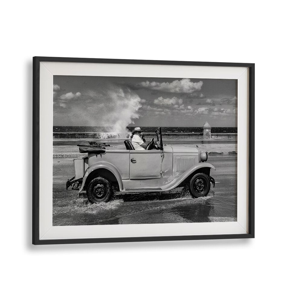 Vintage car splashes through Malecon, capturing the essence of urban life in stunning MALECON, PHOTOGRAPHY PRINTS.