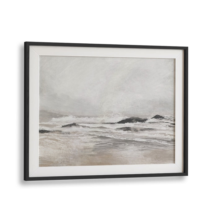 SEPTEMBER COAST, ABSTRACT PAINTINGS showcase serene coastal landscapes in elegant black and white framing.