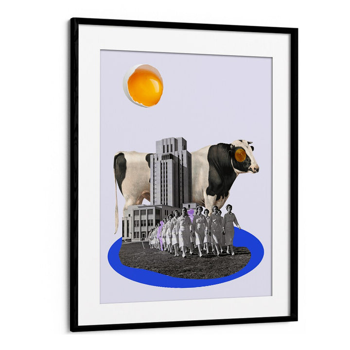 Whimsical COW IN THE CITY, SURREAL ART PRINTS blend urban charm and countryside nostalgia, perfect for home decor.